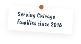 A white note pinned with an orange push pin reads, Serving Buffalo Grove families since 2000 in blue, handwritten-style text.