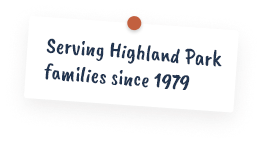 A white note pinned with an orange push pin reads, Serving Buffalo Grove families since 2000 in blue, handwritten-style text.