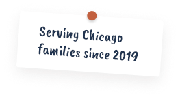 A white note pinned with an orange push pin reads, Serving Buffalo Grove families since 2000 in blue, handwritten-style text.